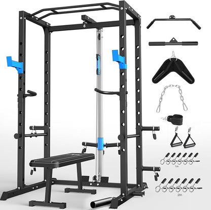 Power Cage, Multi-Functional Power Rack with J-Hooks, Dip Handles, Landmine Attachment and Optional Cable Pulley System for Home Gym