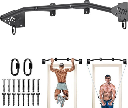 SELEWARE Heavy Duty Wall Mount Pull Up Bar, Joist Mount Chin Up Bar for Doorway, Sturdy Steel Construction, w/Resistance Band Hooks, Fits 32"/36" Wall Studs for Home Gym Strength Training