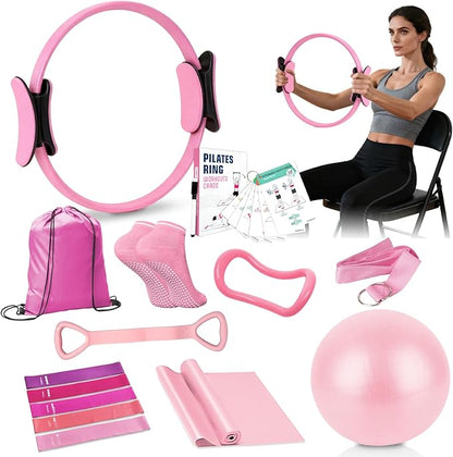 Pilates Kit for Women Pilates Equipment Ring and Ball Set Magic Circle Hoop with 5 Resistance Bands Compact Toning Fitness Essentials Starter Set Accessories with Exercise Guide