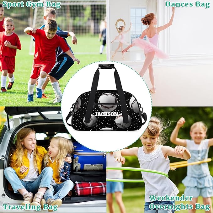 Personalized Baseball Gym Duffel Bags for Kids Boys with Custom Name Sport Training Travel Bags for Overnight Weekender, Black White