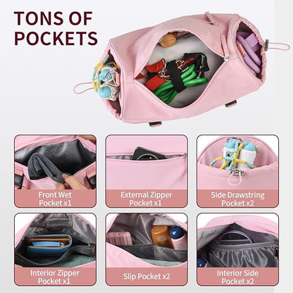Small Gym Bag for Women Men, Mini Crossbody Travel Duffle Bag with Wet Compartment and Yoga Mat Strap, Compact Workout Bag for Sports Dance Swimming, Daily Commuting (Pink)