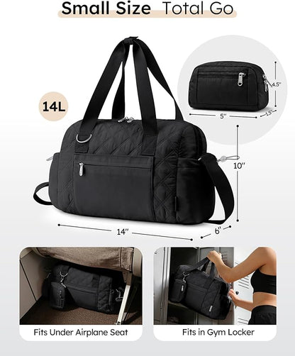 Small Gym Bag for Women, Mini Sports Duffle Bag for Workout Dance Ballet Yoga Gymnastics, Quilted Lightweight Puffer Travel Tote with Detachable Coin Purse & Wet Pocket, Black
