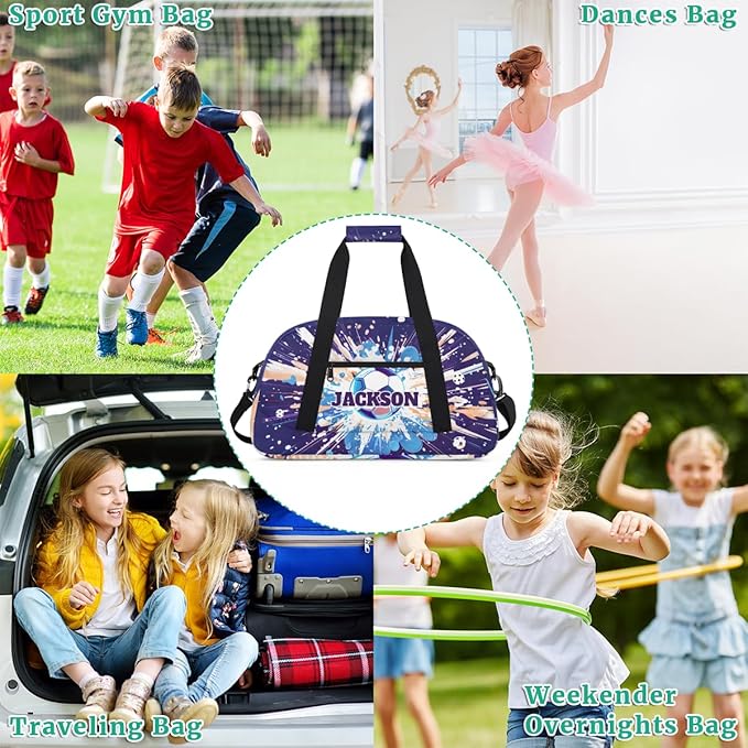 Personalized Soccer Gym Duffel Bags for Kids Boys with Custom Name Sport Training Travel Bags for Overnight Weekender, Purple