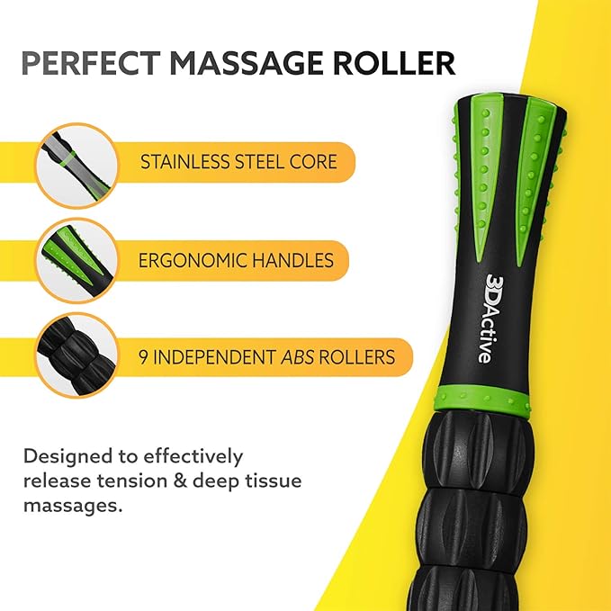 3DActive Massage Roller Stick for Muscle Recovery, Deep Tissue & Trigger Point Massage Muscleroller for Athletes for Post-Workout Recovery, Relieve Cramps & Release Muscle Tension - Green