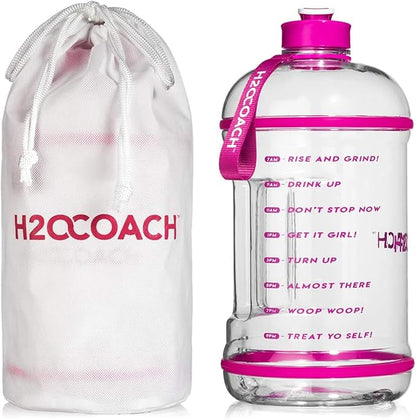 H2OCOACH 1 Gallon Hydration Jug with Time Marker & Measurements, BPA-Free Tritan Sports Drink Container, Motivational Daily Intake Tracker for Gym, Workout, & Fitness Routines (128 oz, Pretty N Pink)