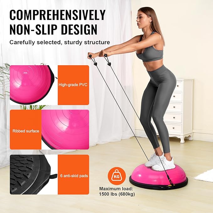VEVOR Half Exercise Ball Trainer, 23/26 inch Balance Ball Trainer, 1500lbs Capacity Stability Ball, Yoga Ball with Resistance Bands & Foot Pump, Strength Fitness Ball for Home Gym Full Body Workout