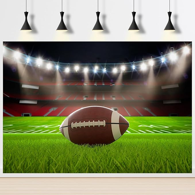 American Football Backdrop Balls on Field in Stadium Photography Background Rugby Sports Soccer Field Backdrop Decor for Boy Birthday Party Cake Table Banner Photo Studio Background Props 20x10ft