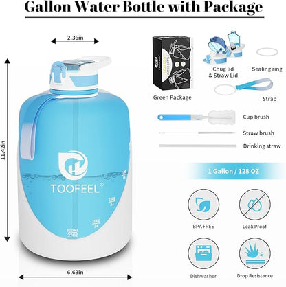 TOOFEEL 1 Gallon Water Bottle with Straw & Chug Lid,BPA Free,Leak-Proof, Dishwasher Safe,128 oz Large Water Jug with Strap,Sports & Travel & Gym Water Bottle for Men and Women - Light Blue and White