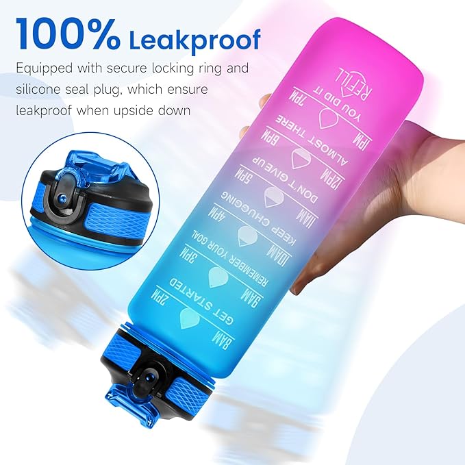 32 oz Water Bottles with Times to Drink and Straw, Motivational Water Bottle with Time Marker, Leakproof & BPA Free, Drinking Sports Water Bottle WIth Hand Strap for Fitness, Gym & Outdoor (blue-1)