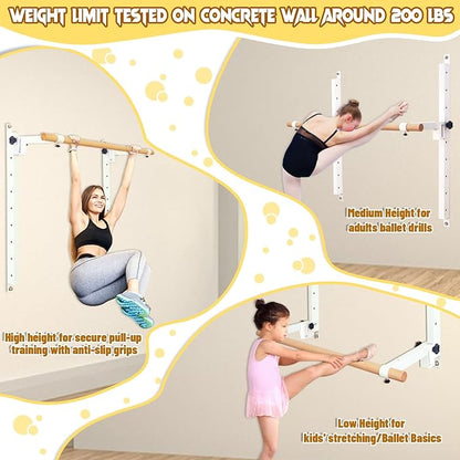 Height Adjustable Ballet Barre Foldable Ballet Bar Dance Training Barre,Wall Mount With Solid Beech Wood Bar,Home Fitness Equipment for Pull Up Stretching Never move or Shake
