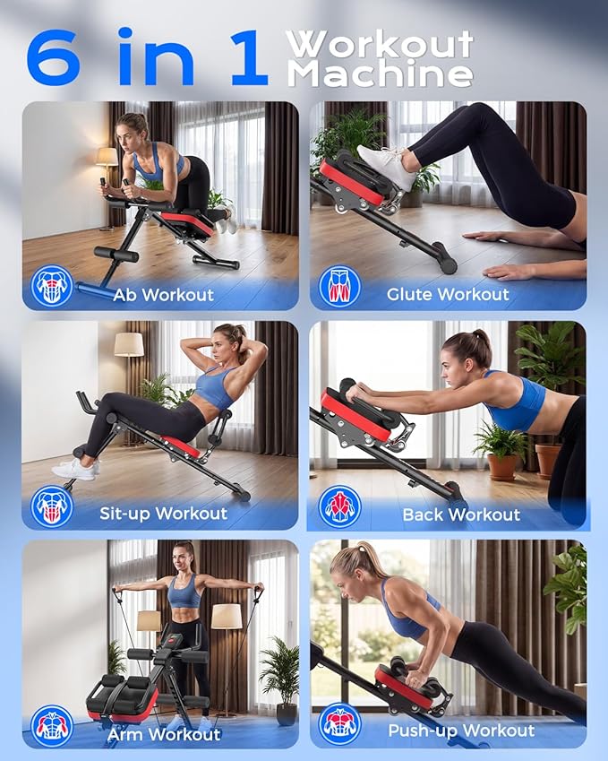 Bigzzia Ab Machine, 5-in-1 Adjustable Ab Workout Bench Core Abdomen Trainer for Stomach Workout, Crunch Machine Exercise Equipment for Home Gym - Sit UP, Push UP, Leg Press, Glider, Roman Chair, 330lbs Capacity
