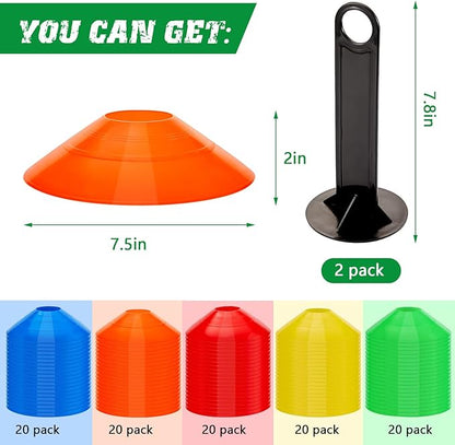 Set of 100 Soccer Cones Disc Cones Soccer Agility Cones Sports Training Cones Multicolor Field Marker Plastic Cones with 2 Holder for Kids Football Basketball Lacrosse Tennis Practice Equipment
