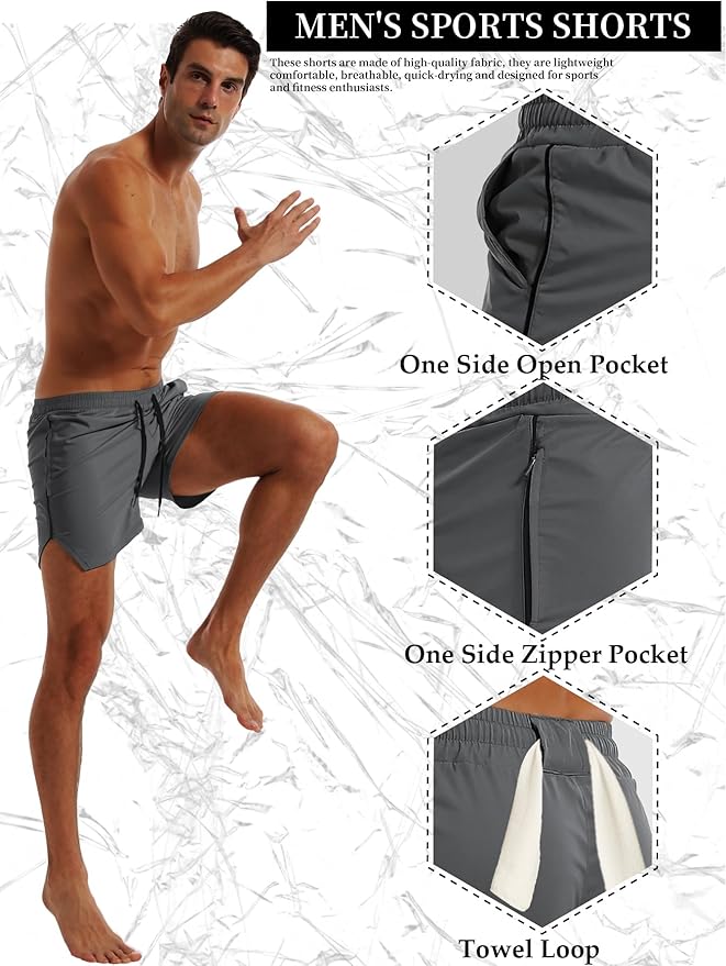 FLYFIREFLY Men's Gym Workout Shorts Quick Dry Lightweight Athletic Shorts Running Bodybuilding Training with Towel Loop