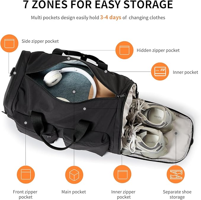 Aji Foldable Travel Duffel Bag for Women with Shoes Compartment, 3 in 1 Carry on Gym Bag with Removable Dry Wet Bag, Lightweight&Water Resistant Duffel Bag for Travel,Sports&Workout, Ink Black