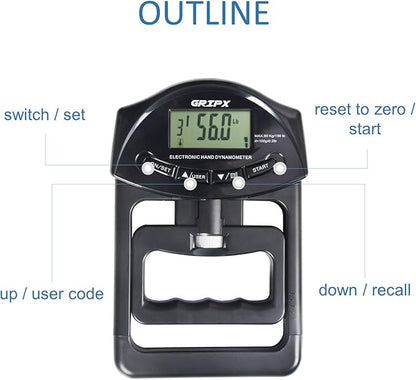 GRIPX Digital Hand Dynamometer Grip Strength Measurement Meter Auto Capturing Electronic Hand Grip Power 198Lbs / 90Kgs