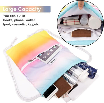 WANDF Drawstring Backpack String Bag Sackpack Cinch Water Resistant Nylon for Gym Shopping Sport Yoga (Rain bow)