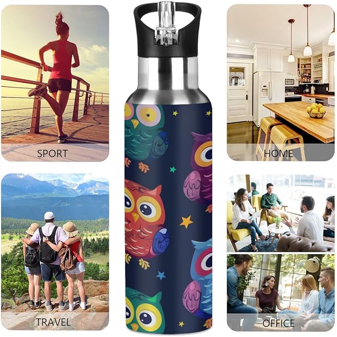 Animal Owl Vacuum Insulated Water Bottle Stainless Steel Kids Sport Jug with Straw Lid Wide Mouth Leakproof BPA Free for Bike Running Walking Outdoor 20 Oz