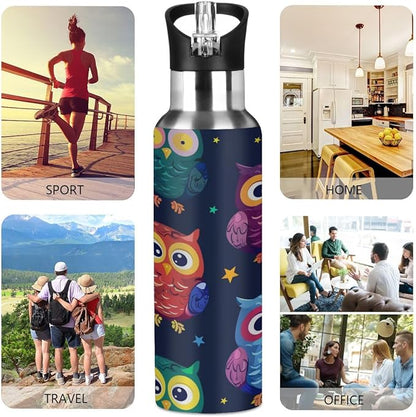 Animal Owl Vacuum Insulated Water Bottle Stainless Steel Kids Sport Jug with Straw Lid Wide Mouth Leakproof BPA Free for Bike Running Walking Outdoor 20 Oz