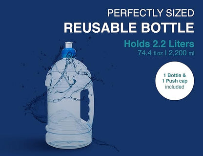 Arrow H2O On The Go Water Bottle, 2.2 Liter - Large Clear Plastic Water Bottle with Push Cap - Made in the USA, BPA Free - Built-In Convenient Handle, Leakproof - Ideal for the Gym and Sports Practice