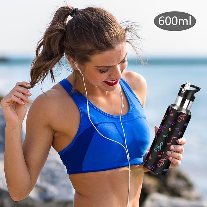 Colorful Music Note Water Bottle Vacuum Insulated Stainless Steel Mug Kids Water Bottle with Straw and Handle Keep Hot Cold Sport Bike Fit Travel Outdoor 20 oz