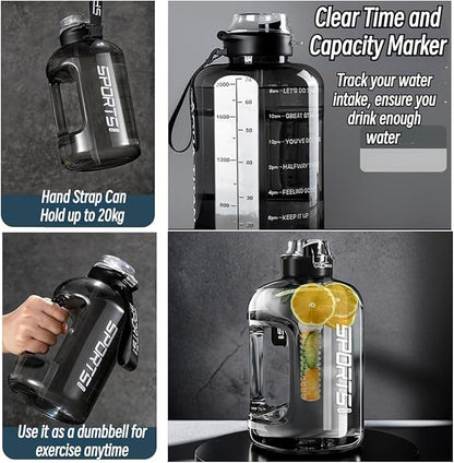 Gym Water Bottle with Straw and Time Marker (74oz-135oz) for Work, Hiking, Gym Large Capacity for Men and Women (GreenWhite(PP+4 gifts), 57oz/1700ml)