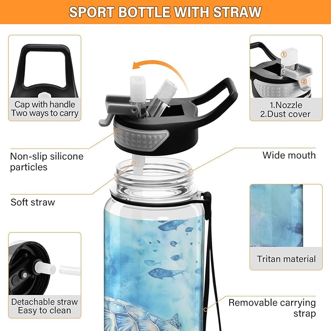 Fustylead Watercolor Sea Turtle Swimming in Ocean Tritan Water Bottle with Straw and Lids, 32 oz Reusable BPA Free Sport Water Bottle for Gym Camping Hiking Travel