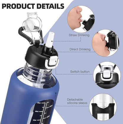 64 oz Glass Water Bolttles with Straw Half Gallon Large Motivational Water Bottle with Time Marker Sports Water Bottles with Silicone Sleeve and Handle Lid Water Jug for Gym Workout