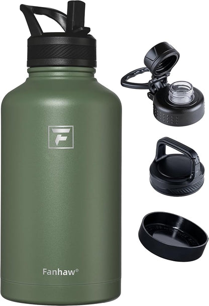 Fanhaw 64 oz Insulated Water Bottle – Large Stainless Steel Jug with 3 Lids (Straw, Spout, Carabiner) | Heavy-Duty, for Camping, Backpacking, Long Hikes & Outdoor Work (Olive Green)