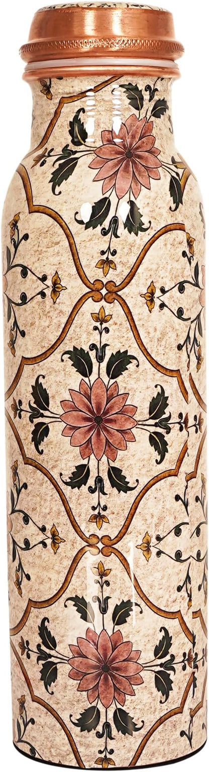 Pure Copper Water Bottle 34 Oz/1 Liter Natural Handmade Leak Proof Vessel For Drinking With Ayurvedic Health Benefits For Sports Fitness Yoga, Gym (IVORY PRINTED)
