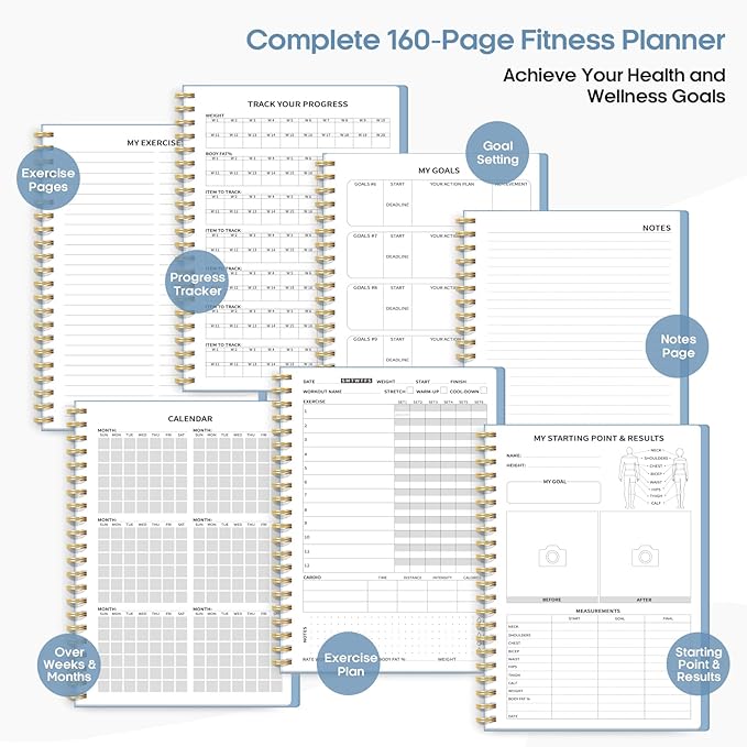 Fitness Workout Journal for Women & Men, A5(5.5" x 8.2") Workout Log Book Planner for Tracking, Progress, and Achieving Your Wellness Goals-Sky Blue