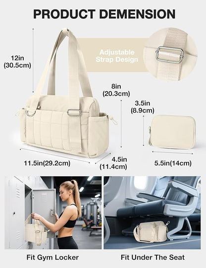 VUUDH Mini Gym Bag for Women Puffy Bag, Small Gym Bag with Coin Wallet, Lightweight Gym Tote Bag for Fitness, Work, Travel, Daily Commute,Beige