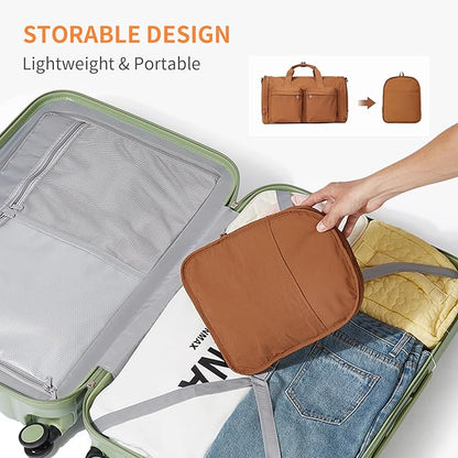 Aji Foldable Gym Bag for Women Men with Shoes Compartment, 3 in 1 Carry on Travel Duffel Bag with Trolley Sleeve, Lightweight&Water Resistant Duffel Bag for Travel, Sports, Fitness&Workout,Warm Brown
