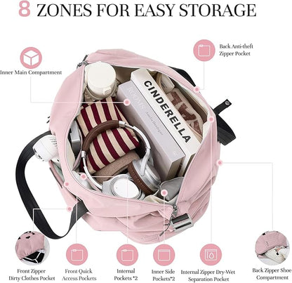 Timeet Expandable Gym Duffel Bag For Women with Yoga Mat Strap, 47L Sports Duffle Bag With Shoes Compartment&Dry Wet Pocket, Water Resistant Carry on Sports Weekend Travel Overnight Bag, Dusty Pink