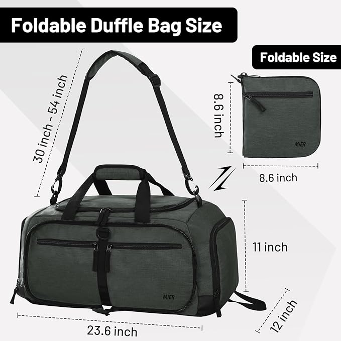 MIER Foldable Duffle Bag with Shoe Compartment 50L Travel Duffel Bags for Men Women Packable Overnight Bag for Camping Gym Weekender, Green Gray