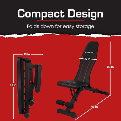 Adjustable Bench By Core Home Fitness, Foldable Weight Bench, Incline/Decline/Flat Bench, 7 Back Adjustments, Adjustable Seat, Black/Red (51MAB)