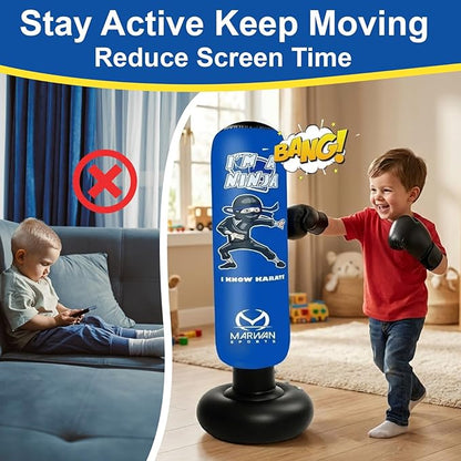 Marwan Sports Punching Bag for Kids with Boxing Gloves Ages 4-12 – 63" Inflatable Boxing Bag for Kids, Fast Rebound Set, Christmas & Birthday Gift for Boys & Girls