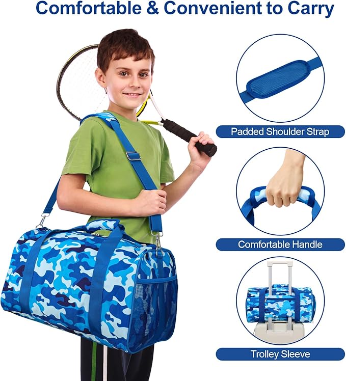 Bagseri Boys Duffle Bag for Travel - Kids Gym & Sports Bag with Shoe Compartment & Water Resistant Wet Pocket, Weekender for Camping & Sleepover (Blue Camo)