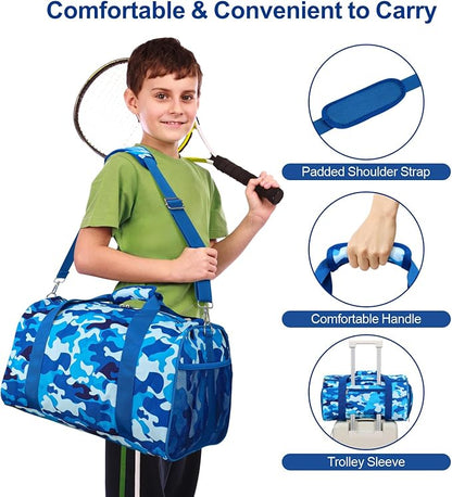 Bagseri Boys Duffle Bag for Travel - Kids Gym & Sports Bag with Shoe Compartment & Water Resistant Wet Pocket, Weekender for Camping & Sleepover (Blue Camo)