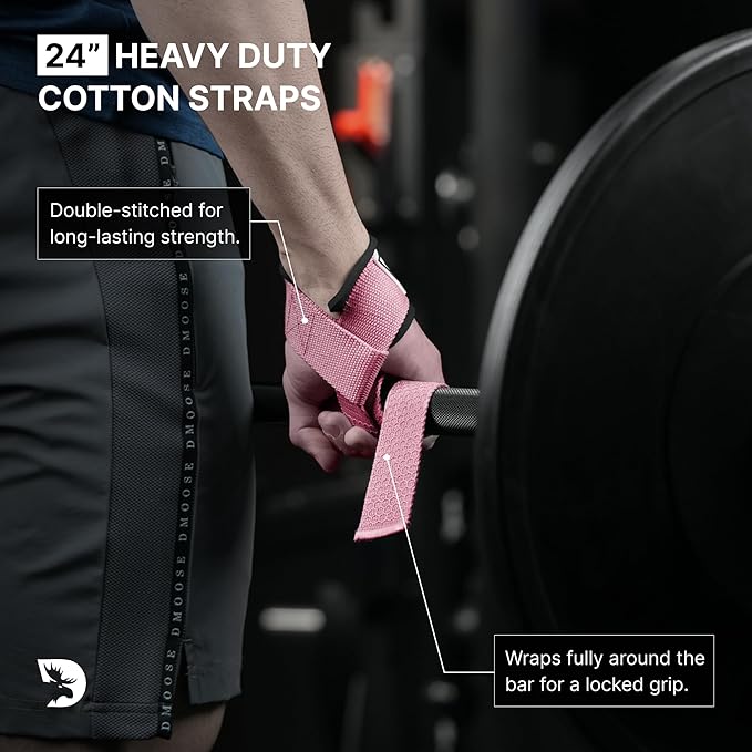 DMoose Fitness Lifting Straps 24" (Pair) - 5mm Padded Durable Wrist Straps for Weightlifting & Powerlifting - Cotton Lifting Strap with Silicone Grip for Men & Women - Deadlift Strap for Gym Workout
