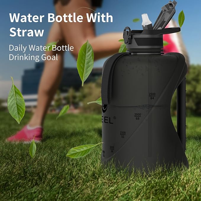 TOOFEEL 1 gallon water bottle - 128 oz water bottle with Straw & Chug Lid - BPA Free Big Water Bottle with Handle - Gym Water Bottle - Black