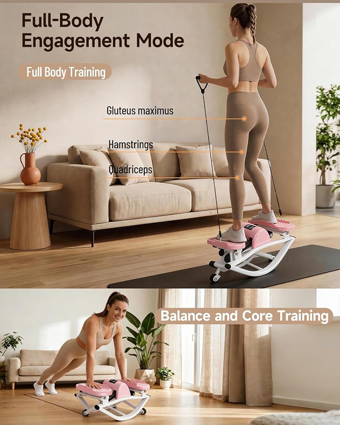 Rocking Stepper Machine, Fun Cardio Equipment with Resistance Bands, Space Saving Fitness Stepper, Quiet Skate Motion Workout for Home Office