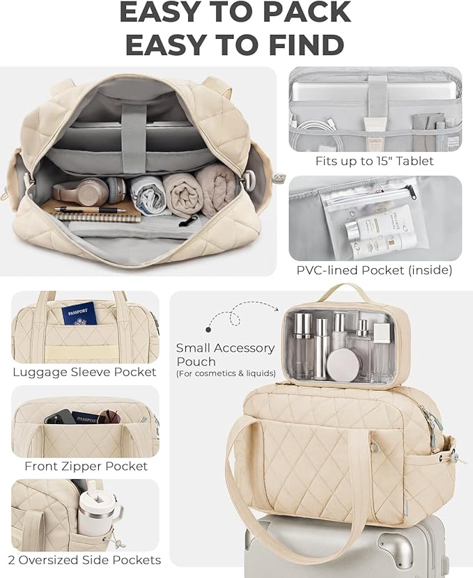 Percover Women Gym Bag with Toiletry Organizer Pouch, Quilted Workout Duffle with Compartments for Daily Fitness & Yoga, Locker-Friendly Soft Carry, Ivory Beige