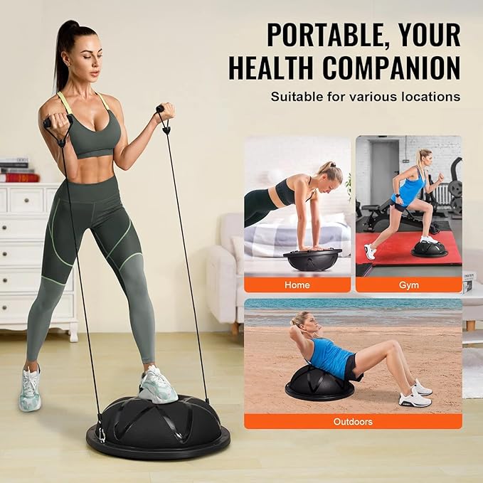 Half Exercise Ball Trainer 23 inch Balance Ball Trainer 1500lbs Capacity Stability Ball with Resistance Bands & Foot Pump, Strength Fitness Ball for Home Gym Full Body Workout