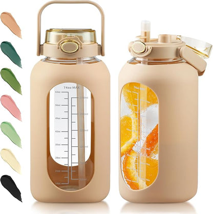 SIEROZUR 64 oz Glass Water Bottle with Straw and Handle Lid Half Gallon Motivational Glass Bottle with Silicone Sleeve and Time Marker Large Reusable Sports Water Jug for Gym Home Workout
