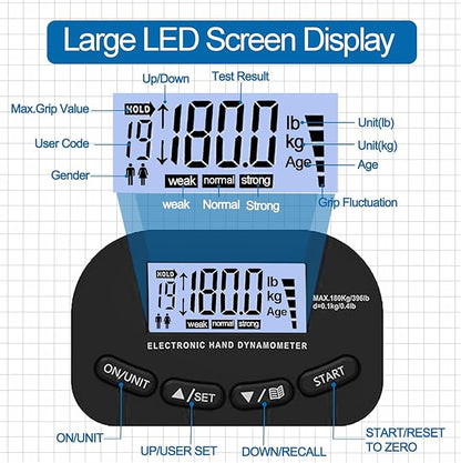Hand Grip Strength Tester Trainer, 396lbs/180kg Hand Grip Dynamometer with LCD Display, Ideal for Sports, School, and Home Use(Battery Version)