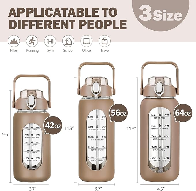 kytffu 42oz Glass Water Bottles with Straw, Motivational Glass Bottle with Silicone Sleeve and Time Marker, Leakproof Large Glass Water Jug for Gym Home Office,Amber
