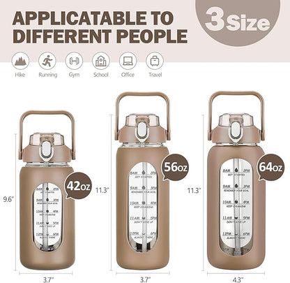 kytffu 42oz Glass Water Bottles with Straw, Motivational Glass Bottle with Silicone Sleeve and Time Marker, Leakproof Large Glass Water Jug for Gym Home Office,Amber