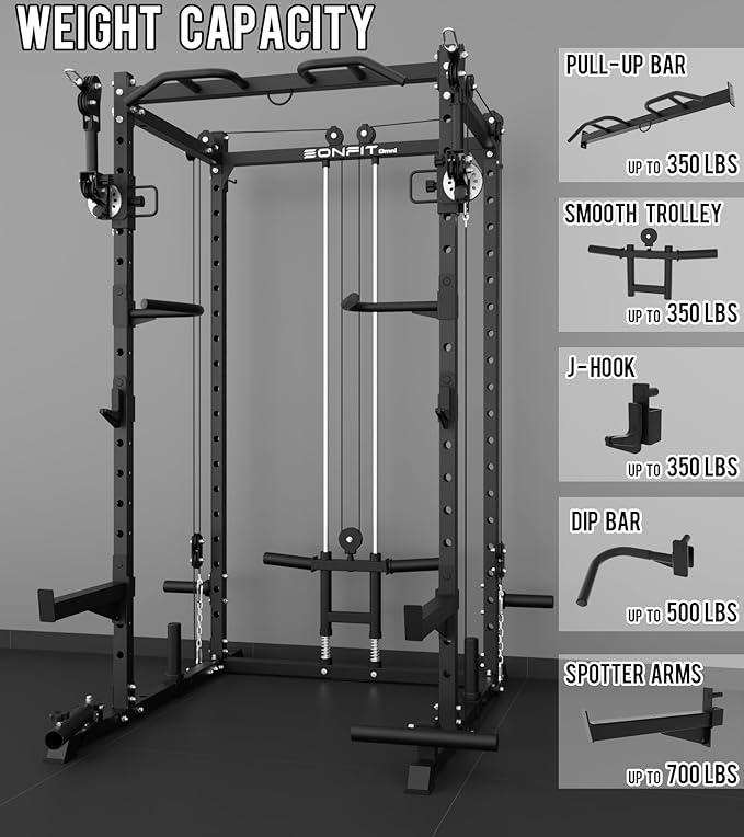 Eonfit E2 Power Cage，1500LB Squat Rack with Cable Crossover System.Multi-Function Power Rack for Home Gum.All-in-One Squat Rack with More Training Attachments
