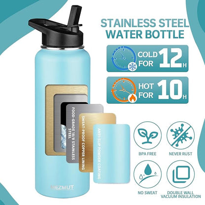 Insulated Water Bottle with Straw&2 Lids 40oz Stainless Steel Water Bottles Sports Metal Water Bottle Double Walled Vacuum Insulated Bottles Cups Leak-Proof Travel Cup (Blue)