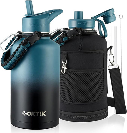 COKTIK 64oz Insulated Water Bottle - Stainless Steel Vacuum Metal, Portable ½ Gallon Large-Capacity Sports Bottle with Straw, Carry Bag and Handle Strap, Ideal for Gym & Hiking(Dark Night)